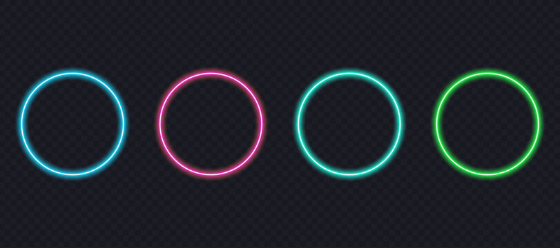 Collection of four round neon light frames on transparent background. Glowing circular borders in multiple colors for creative design vector illustration.