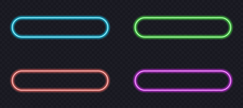 Neon capsule shaped frames set in various vibrant colors for modern digital interfaces . Glowing frames in blue green red and purple colors for headers and buttons vector illustration.