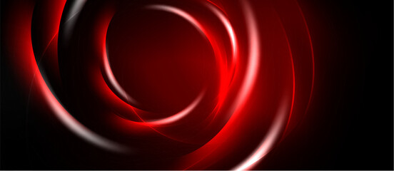 Abstract red swirls dominate dark background. Smooth curves create dynamic, glowing effect. Minimalist design evokes energy, motion.