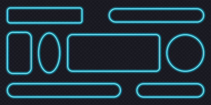 Neon blue interface frames collection including rectangles circles and rounded shapes . Set of glowing borders for buttons headers and UI elements on transparent mesh vector background.