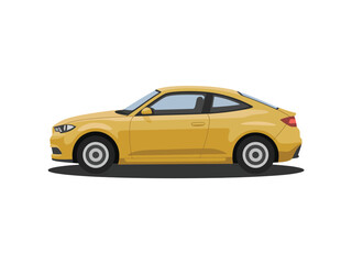 Obraz premium A bright yellow two-door coupe car viewed from the side on a white background.