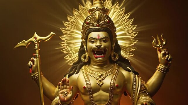 Devotional Masik Narasimha Puja banner background, Deep bronze to black gradient with symbolic lion claws, conch shell, and radiant divine halo