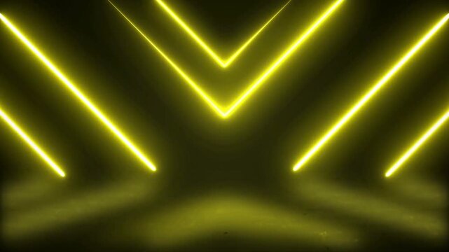 Abstract yellow background with neon light lines creating a symmetrical V shape pattern on a dark stage.