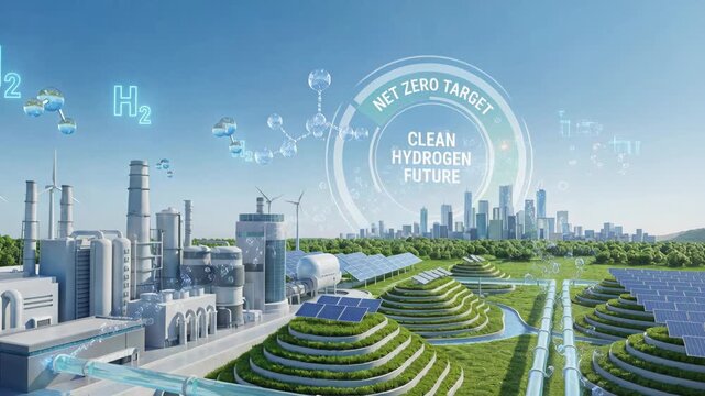 Clean hydrogen solutions powering green tech landscape with solar panels wind turbines pipelines and industrial plant toward net zero future