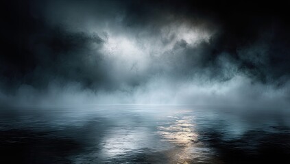 Fototapeta premium Mysterious Foggy Atmosphere Over Dark Water with Dramatic Lighting.