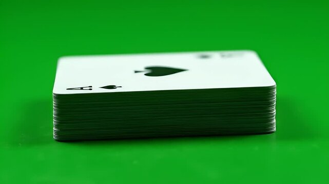 Ace of spades playing card stack on green surface in overhead shot