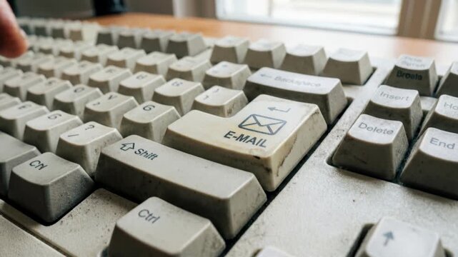 Elderly finger pressing dirty keyboard email key in worn office. green tech solutions for sustainable repair and communication