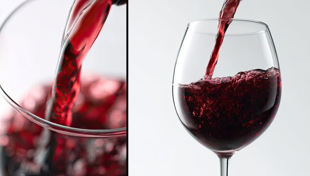 Red Wine Being Poured into a Glass and Carafe.