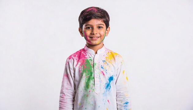 Adorable Indian Baby Boy Wearing White Kurta Splashed with Vibrant Holi Colors Isolated on White Background