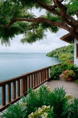 Fototapeta premium Tropical balcony overlooking tranquil lake offering serene view