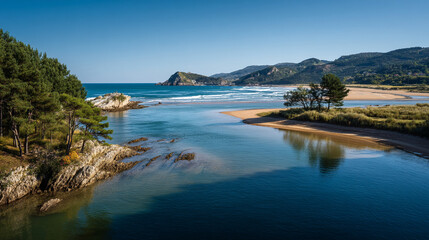 Beautiful Coastal Landscape with River Mouth, Ocean Waves, and Green Hills