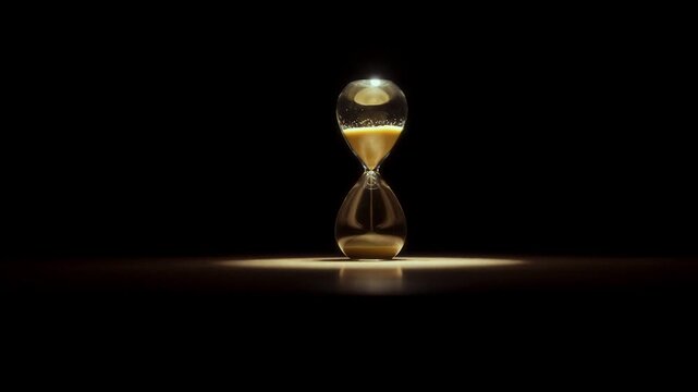 Close-up photograph of golden glittering sand leaking out of an hourglass.