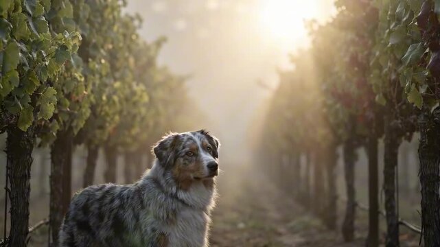 australian blue shepherd. A majestic dog stands amidst misty vineyard rows, filtering sunlight that creates a serene atmosphere, enhancing the beauty of nature's tranquility and elegance