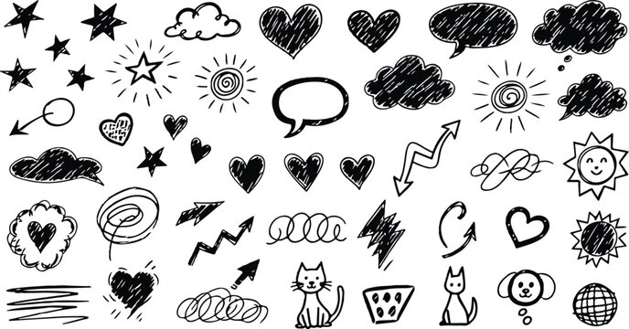 Chalk scribble doodle elements set for poster, social media. Crayon handwritten doodles. Rough hand drawn marker sketch with brush grunge texture. Vector illustration of kids or teens pencil drawing.