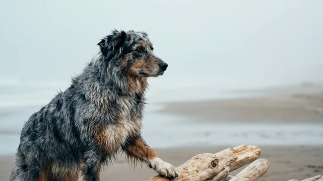 australian blue shepherd. A fluffy, attentive dog stands on driftwood at a misty beach, its fur blending shades of gray and tan, as waves lap gently against the shore in the background