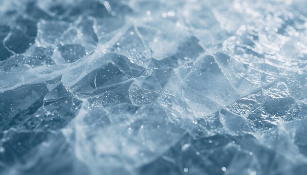 A close-up view of shattered ice with a blue hue and sparkling water droplets