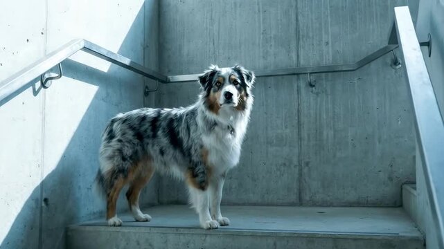 australian blue shepherd. A dog with a unique coat stands on a light-filled concrete staircase, casting shadows and gazing curiously while surrounded by minimalistic architecture