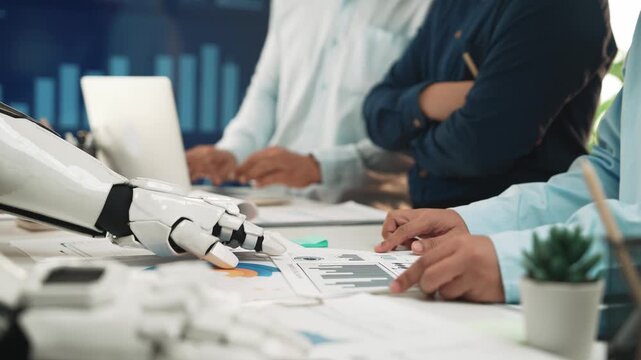 A futuristic office where an AI-powered consultant assists a business team in refining data insights and optimizing decision-making processes. Noogenesis AI