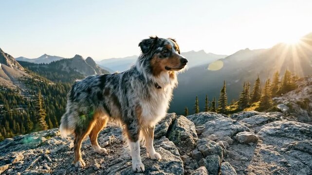 australian blue shepherd. A majestic dog stands atop a rocky outcrop, basking in the warm glow of the setting sun, surrounded by distant mountains and lush pine forests