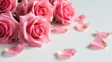 Pink roses with pink petals and pink flower petals on a white background. The roses are arranged in a row and there are some pink flower petals scattered around them. Concept of beauty and elegance