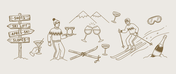 Hand drawn doodle apr&egrave;s ski essentials collection. Winter activities mountain sport activities. Man and woman dressed in winter clothing in the ski resort