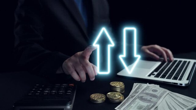 This image depicts a financial analysis scene featuring a calculator, money, and digital representations of quality and cost trends, illustrating economic evaluation. Qubit