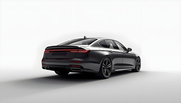 A sleek black car is parked in a clean and minimalist environment with a white background