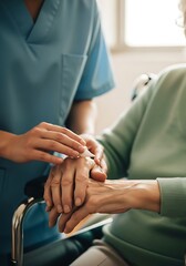 Obraz premium Caregiver wipes elderly hands wiping assistance