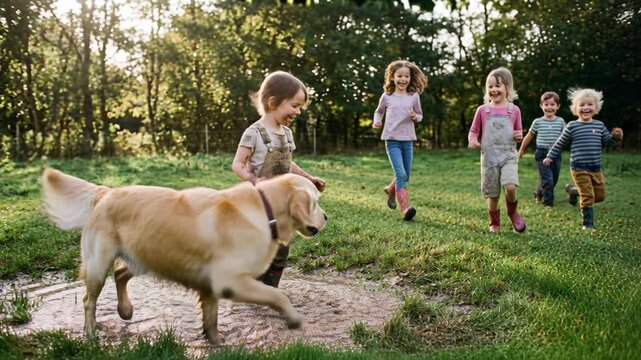 Child and dog splash muddy puddle in grassy outdoor play, friends smile and laugh while jumping and running, joyful carefree green field scene