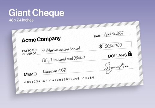 Giant Blank Check Template for Charity Donation Ceremony Presentation Cheque, Big Check for Prize Money