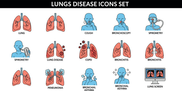 Lungs Disease Icons Set Including Cough, Bronchitis, COPD, Pneumonia, Asthma, Spirometry, Bronchoscopy, and Pulmonary Screening Medical Illustrations