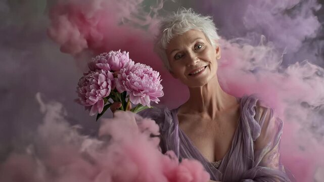 Elegant senior woman with peonies. Artistic portrait of mature lady in lilac dress, immersed in purple smoke. Beauty, grace, and serenity. Emotional, ethe timeless vibe. Studio shot.