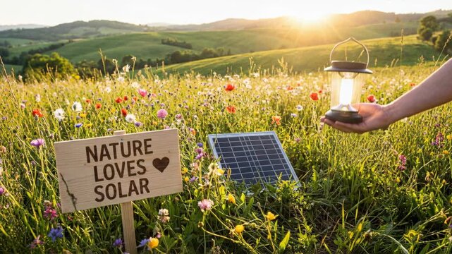 Green tech solutions solar panel lantern wildflower meadow inspire sustainable outdoor lighting at sunrise and sunset with warm golden glow