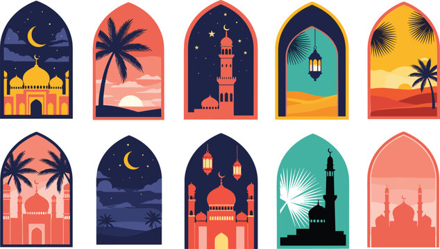 Islamic Arch Window Set with Mosque Crescent Moon and Desert Sunset Scenes