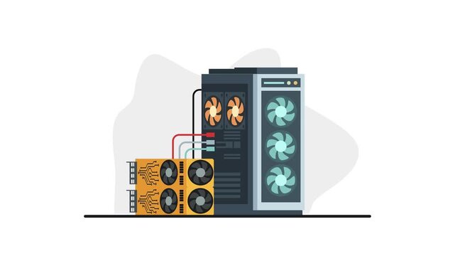 Animated moving banner of Digital Mining Rig with Multiple GPU in Isolated Illustration
