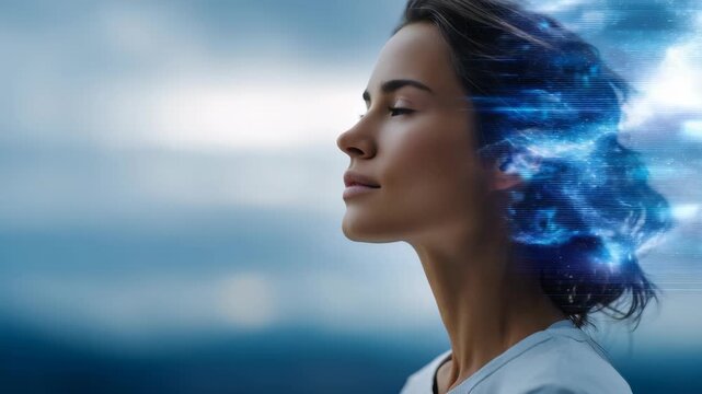 Portrait of a serene woman with digital effects merging into her head, representing artificial intelligence and innovation. The image conveys progress, imagination, and the future of human evolution