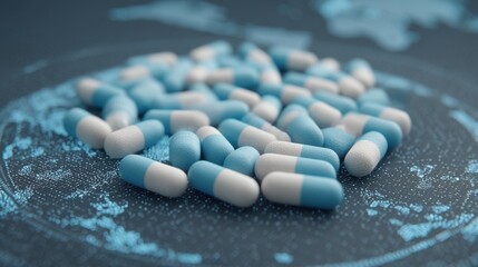 A Cluster of Blue and White Tablets on a Holographic Display with Digital Patterns and Textures