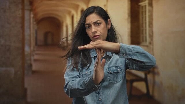 Young hispanic woman forming timeout gesture with hands in old town building corridor wearing denim shirt; determination.