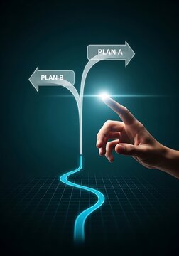 Hand touching glowing path with two options decision making