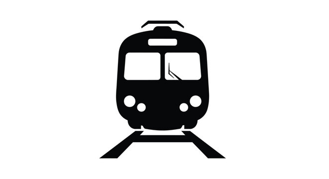 Simple front-view vector graphic illustration of a modern train on railway tracks symbol
