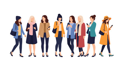 Fototapeta premium Diverse group of modern young women standing together, using their smartphones, representing social networking and digital communication.