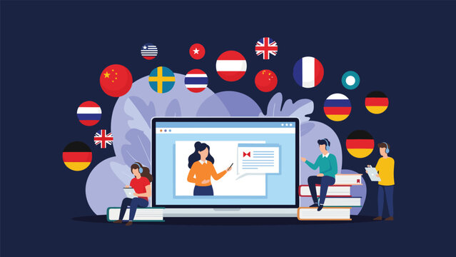 Diverse students learning various foreign languages online with a female teacher on a laptop, surrounded by international flags.