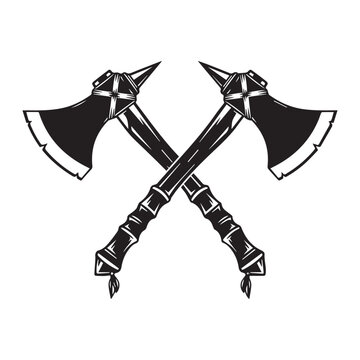 Two tomahawks or axes crossed icon Silhouette vector black print design on a white background