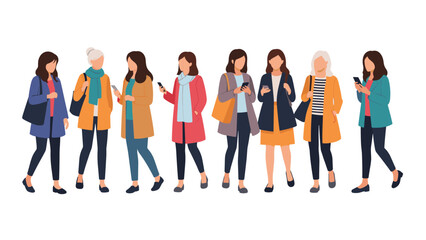 Obraz premium Diverse group of women of varying ages and styles, all actively using smartphones, representing modern digital communication.