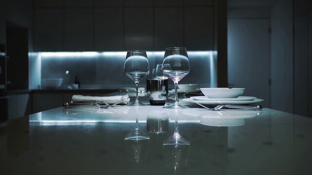 Elegant dinner table setting with wine glasses in modern kitchen