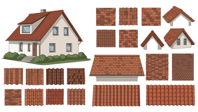 Charming house with a red tiled roof, accompanied by a collection of diverse roof tile patterns and textures for construction and design.