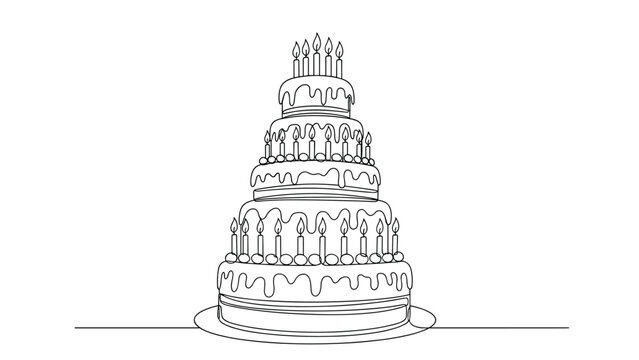 Elegant multi-tiered birthday cake adorned with numerous candles, beautifully rendered in a continuous single line art style.