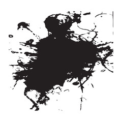Obraz premium Abstract black ink blot with splatters and drips on a white background.