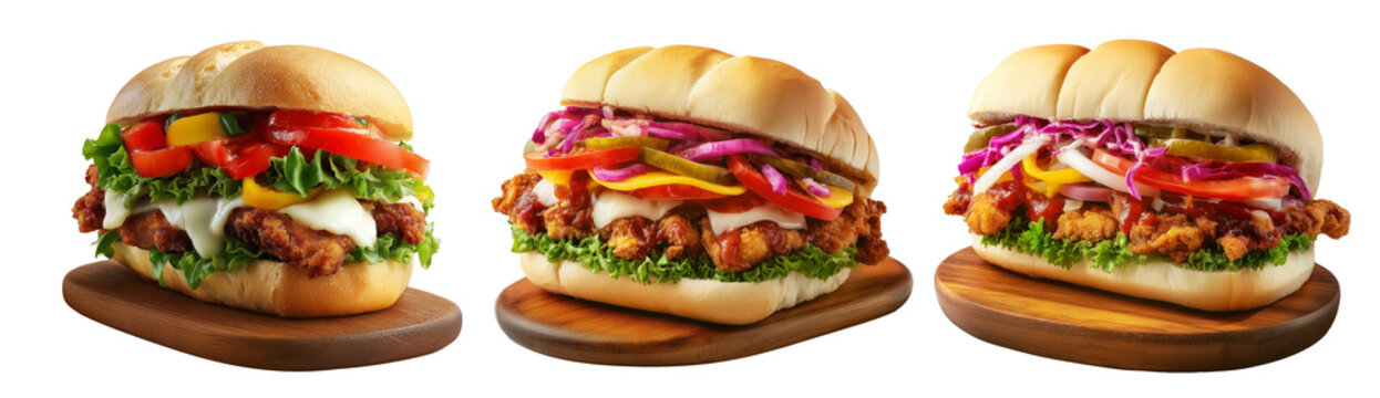 Milanesa chicken sandwich with beef lettuce, tomato, onions, pickles, and sauce isolated on white background, concept of fast food