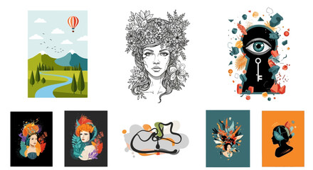 Obraz premium Tribal tattoo design set with vector cartoon illustrations and icons featuring birds, faces, women and fun artistic elements for cards, holidays and business use